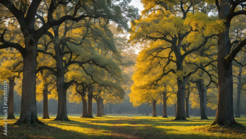 Naklejka premium Golden Autumn Forest with Majestic Oak Trees Bathed in Soft Morning Light Creating a Serene and Tranquil Natural Landscape