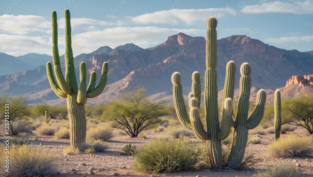Desert Landscape Featuring Cacti Against Majestic Mountains Under Clear Blue Sky Desert Landscape Featuring Cacti Against Majestic Mountains Under Clear Blue Sky