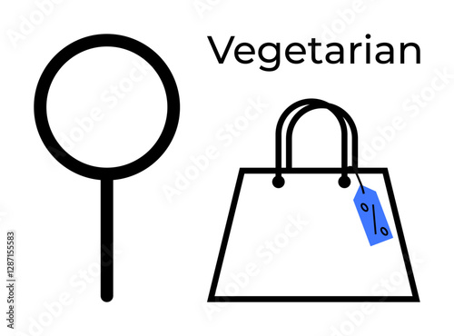 Magnifying glass and shopping bag with price tag next to Vegetarian text. Ideal for vegetarianism, ethical shopping, grocery store, dietary choices, consumer behavior, product selection, sustainable