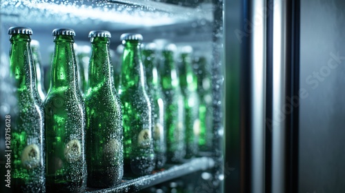 Cold beer bottles chilling fridge
