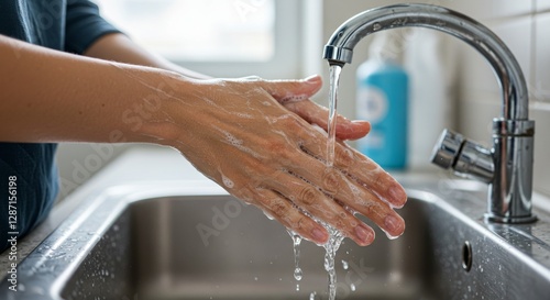 hand wash for health awareness, Washing hands, soap and water for cleaning, hygiene and wellness in bathroom lens flare. Liquid, hand or skin care for bacteria, germs or virus protection in sink for 
