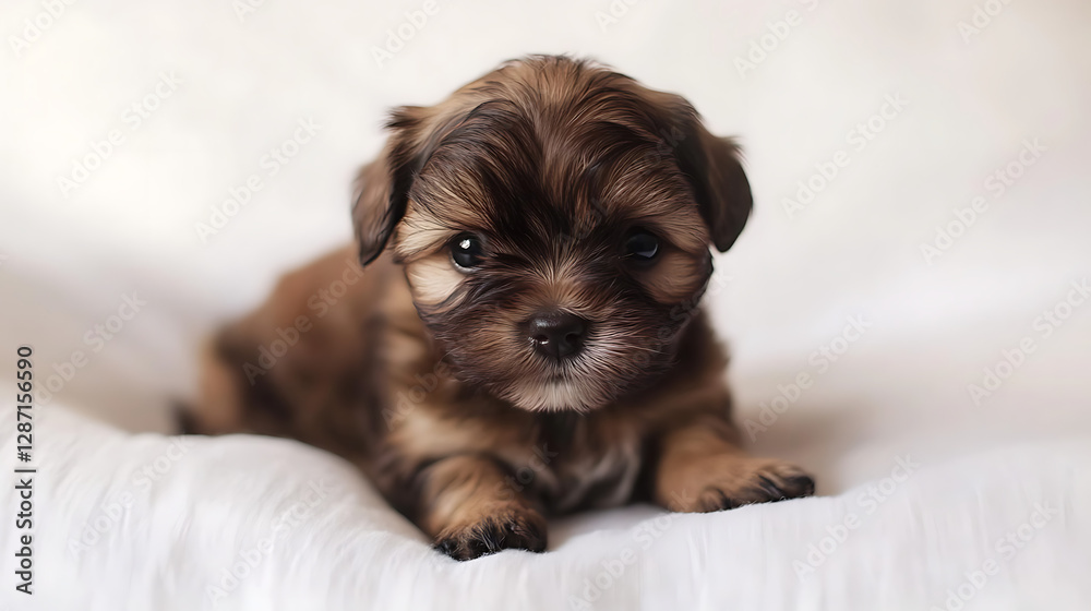 A small brown puppy is laying on a white blanket A small brown puppy is laying on a white blanket