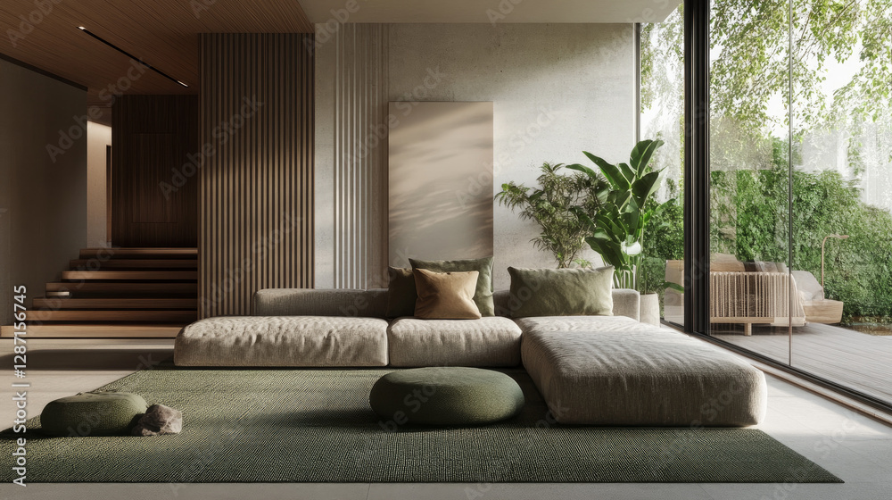Fototapeta premium A big sofa and natural touches abound in this contemporary, minimalist room. A sophisticated, serene ambiance is created by the soft greens that bring harmony to the room.