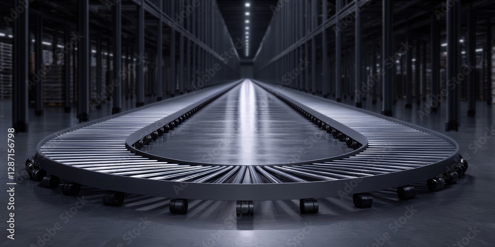 Obraz premium Empty Automated Conveyor Belt System with Rotating Rollers for Industrial Manufacturing and Process Automation