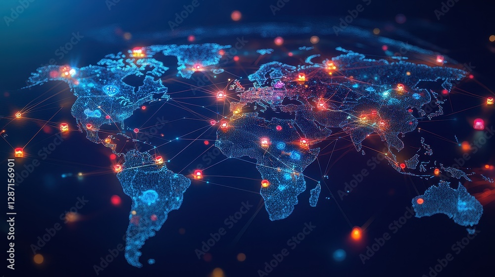 Fototapeta premium Global social media network, Digital world map with users worldwide connections.