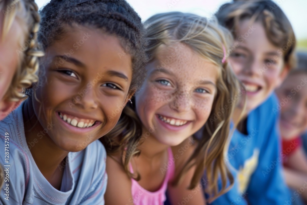 Portrait of happy kids smiling at camera in elementary school during sunny day Portrait of happy kids smiling at camera in elementary school during sunny day