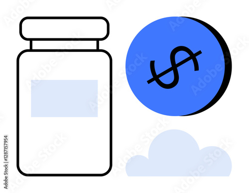 Pill bottle, crossed-out dollar sign, cloud. Ideal for healthcare, medication costs, affordability, health insurance, medical finance healthcare access pharmaceutical pricing. Simple abstract line
