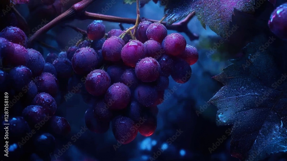 A close-up view of dew-kissed purple grapes on a vine, surrounded by lush leaves, set against a dark, moody background. A close-up view of dew-kissed purple grapes on a vine, surrounded by lush leaves, set against a dark, moody background.