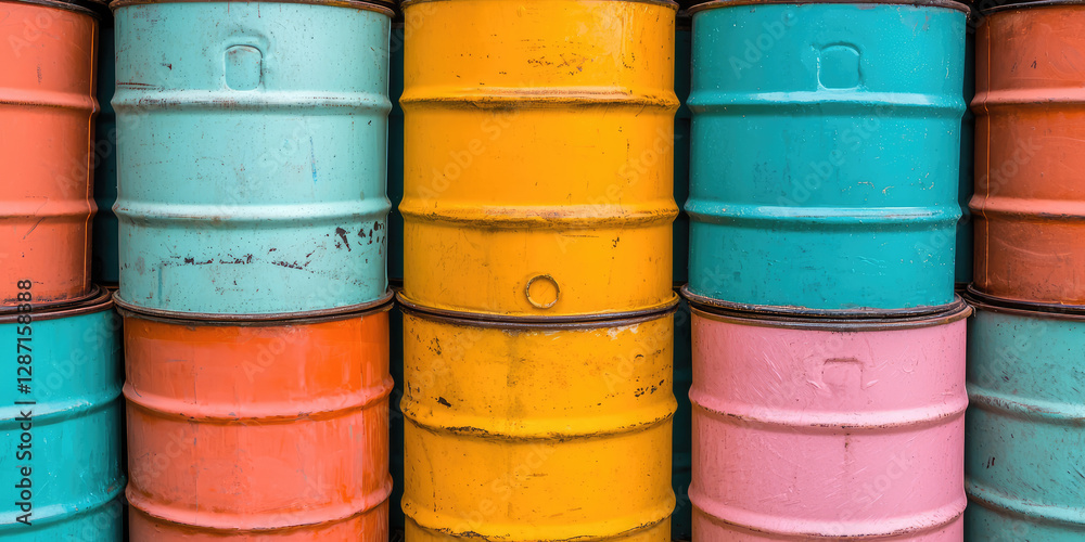 Metal fuel barrels in different colors, stacked in storage. Fuel storage. Metal fuel barrels in different colors, stacked in storage. Fuel storage.
