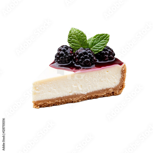 Delicious slice of cheesecake with blackberries and mint garnish