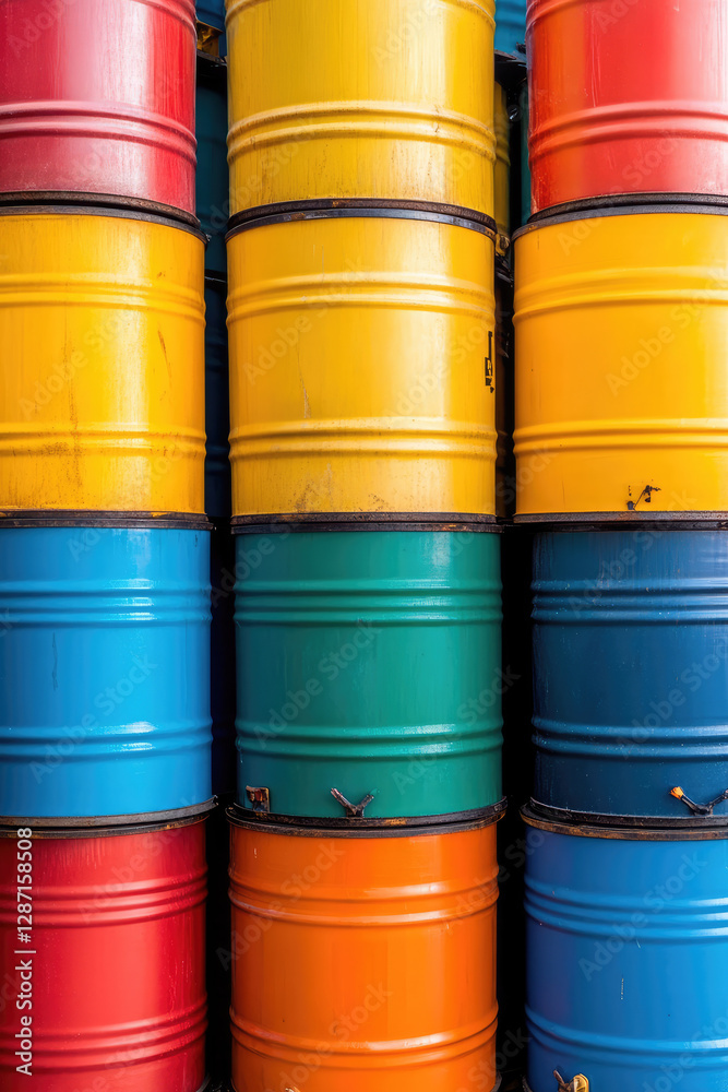 Metal fuel barrels in different colors, stacked in storage. Fuel storage. Metal fuel barrels in different colors, stacked in storage. Fuel storage.
