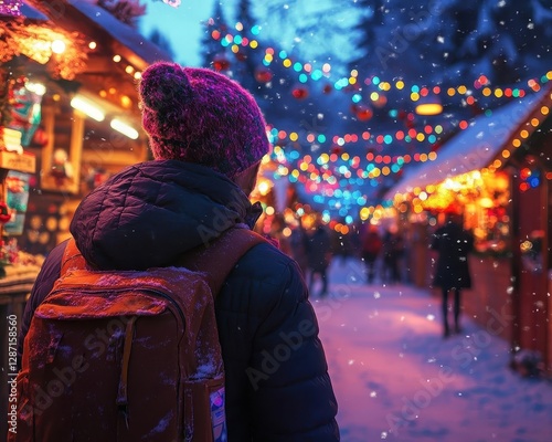 Attending a winter fair with glowing AR event highlights, vibrant festive market setting, soft ambient lighting, photorealistic