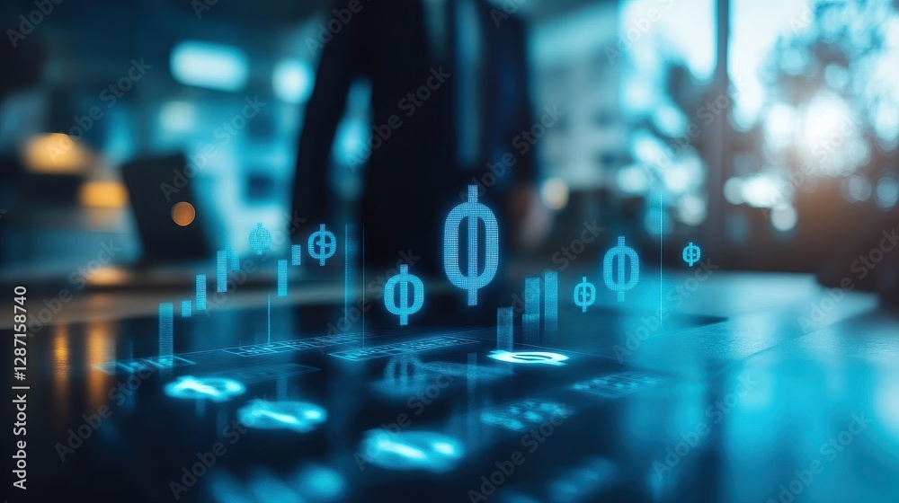 Investment progress concept, ascending step chart with dollar signs, blurred businessman in background, financial strategy and wealth building, stock photo with copy space. Investment progress concept, ascending step chart with dollar signs, blurred businessman in background, financial strategy and wealth building, stock photo with copy space.