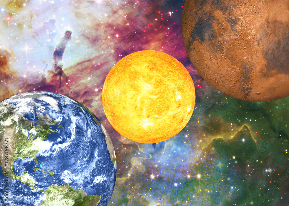 Earth, the Sun, and Mars set against a vibrant cosmic backdrop. The starry background with nebulae enhances the celestial theme. Elements of 3D rendered illustration were furnished by NASA.