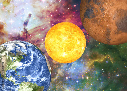 Obraz na płótnie Earth, the Sun, and Mars set against a vibrant cosmic backdrop. The starry background with nebulae enhances the celestial theme. Elements of 3D rendered illustration were furnished by NASA. w salonie