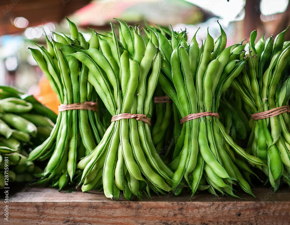 Fototapeta premiumBundles of fresh green beans are neatly stacked at a market stall.