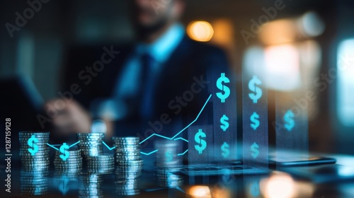 Wallpaper Mural Investment progress concept, ascending step chart with dollar signs, blurred businessman in background, financial strategy and wealth building, stock photo with copy space. Torontodigital.ca