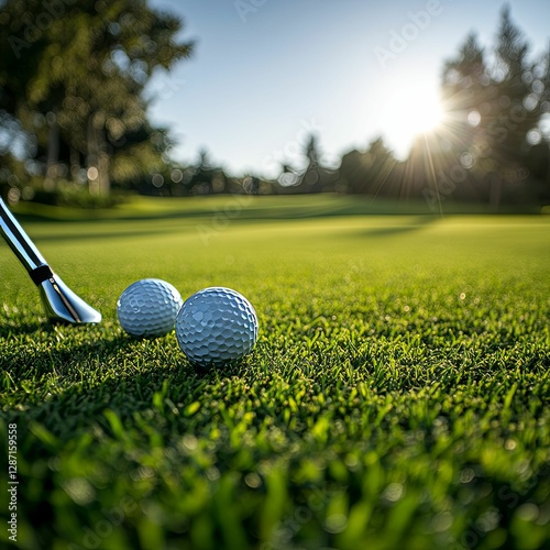 Golf Balls On Green With Putting Club