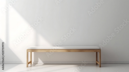 Fototapeta Naklejka Na Ścianę i Meble -  A wooden bench sits in front of a white wall