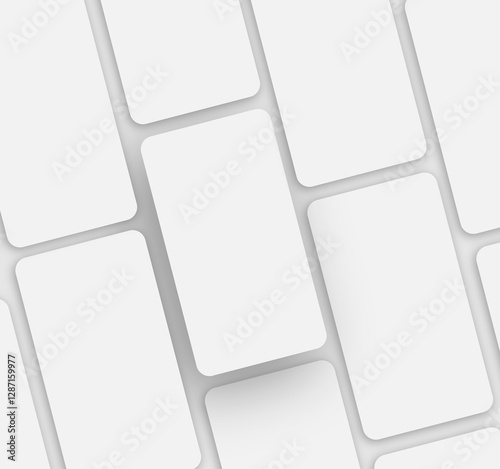 Pattern Of Many Smartphones With Blank White Screens Lying Over Gray Background. Gadgets, Technology And Mobile Communication Advertisement Banner. Square Shot