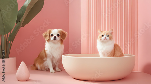 Two cats are sitting in a white bowl in front of a pink wall