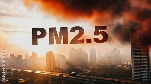 air pollution PM2.5 concept, Urban landscape with PM2.5 air pollution warning