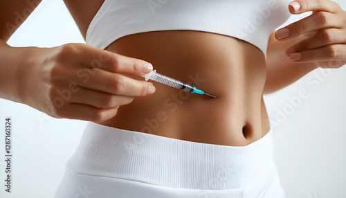 Young woman putting a hormonal injection in her stomach with pen syringe on a grey background. The use of lipolytics in cosmetology. Preparations for figure correction. Insulin injections for diabetes photo