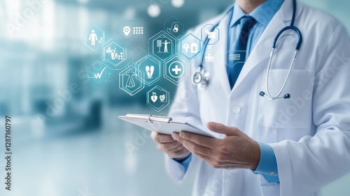 Wallpaper Mural Medical progress concept, medical pictograms, doctor in blurred background, stock photo with copy space.  Torontodigital.ca