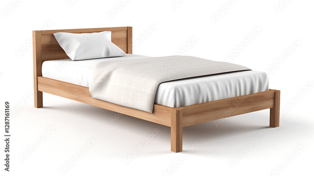 A wooden bed with a white comforter and a white pillow A wooden bed with a white comforter and a white pillow