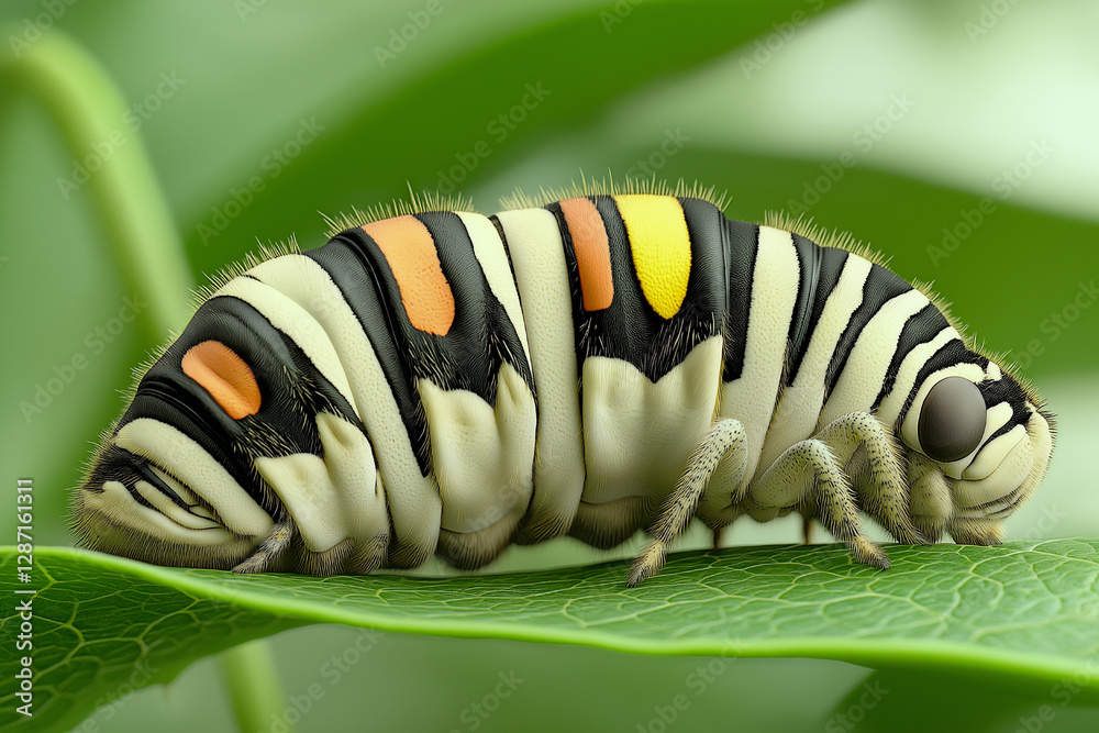 Naklejka premium Vibrant Striped Caterpillar on Lush Green Leaf