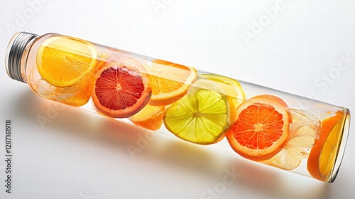 A refreshing water bottle filled with slices of colorful citrus fruits, showcasing vibrant oranges, lemons, and blood oranges. photo