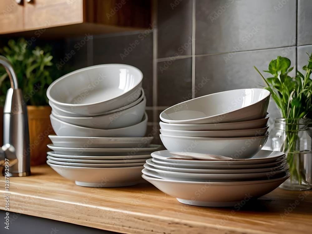 Elegant Tableware Arrangement: A carefully arranged stack of pristine white plates and bowls on a wooden surface, capturing the essence of modern dining and culinary elegance. Elegant Tableware Arrangement: A carefully arranged stack of pristine white plates and bowls on a wooden surface, capturing the essence of modern dining and culinary elegance.