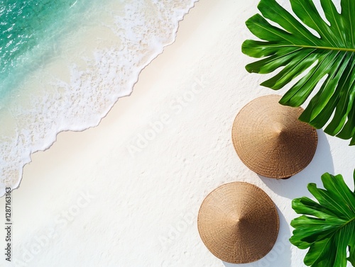 Aerial View of Beach Scene with Two Conical Hats and Tropical Foliage