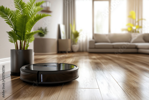 Robotic vacuum cleaner operates in a modern living room with natural lighting