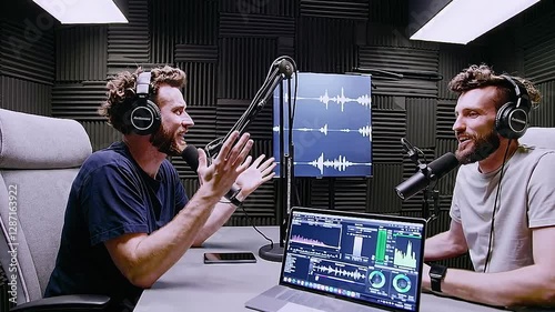 man with microphone podcast