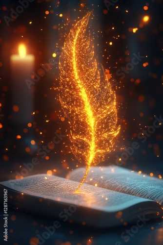 Glowing quill writing in open magical book	