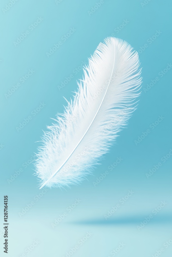 Fototapeta premium White feather levitating on soft blue background