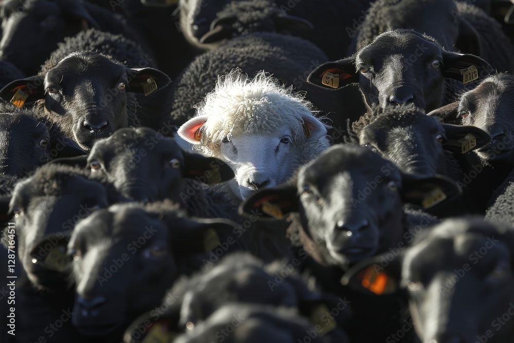 Obraz premium In a flock of black sheep one white sheep captures attention with its distinct coloration. This striking contrast highlights the unique presence among the others.