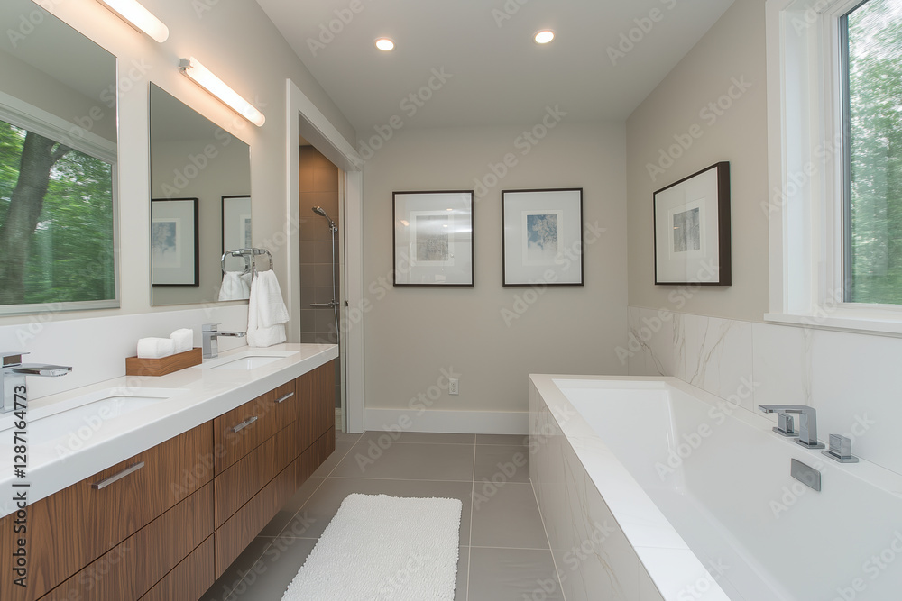 Modern bathroom design with natural light and elegant fixtures in a serene setting Modern bathroom design with natural light and elegant fixtures in a serene setting