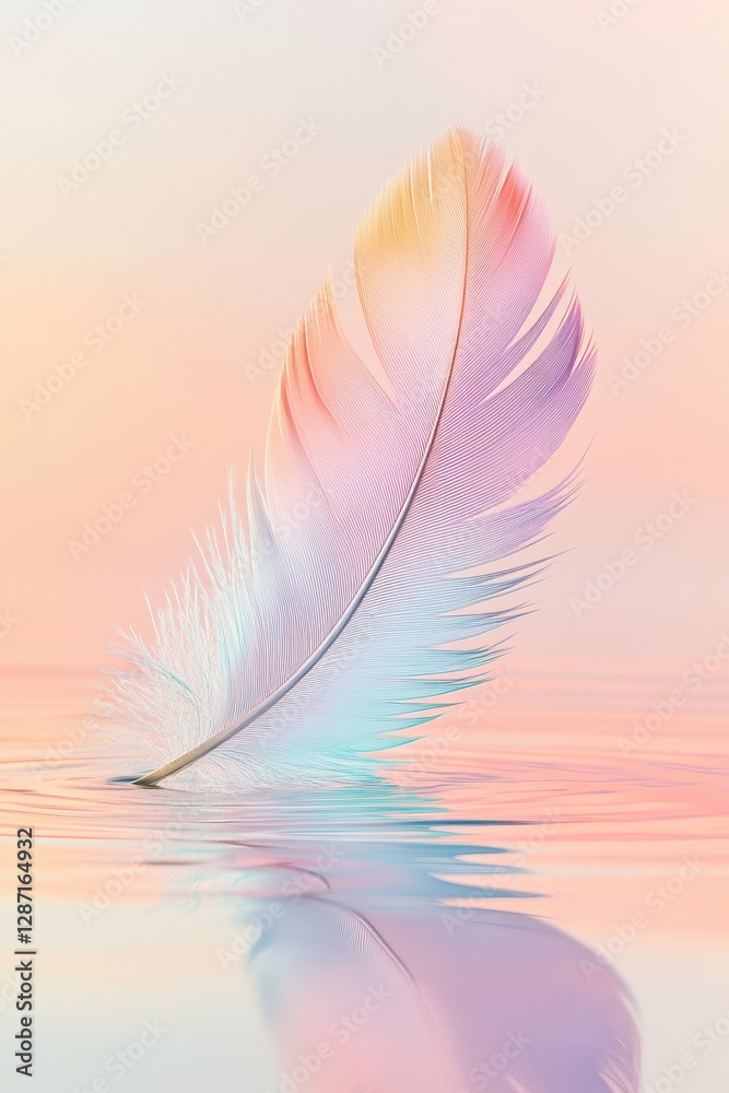 Naklejka premium Pastel feather reflected in calm water surface 