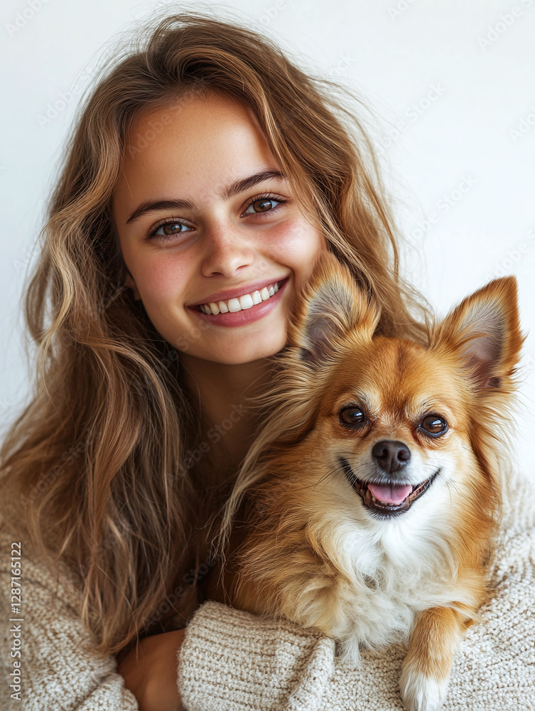 Smiling young woman and a chihuahua dog isolated on white background. Smiling young woman and a chihuahua dog isolated on white background.