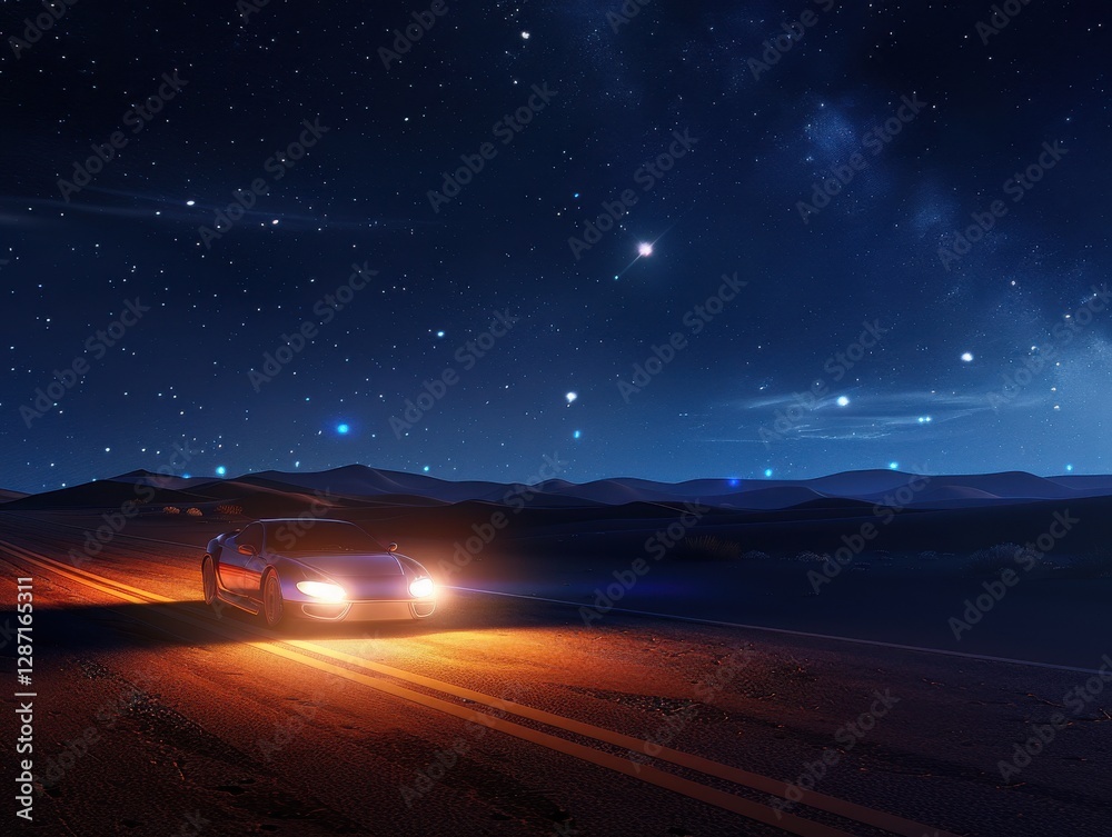 Fototapeta premium Xenon headlights cut through the night on a desert road, under a starry sky hyper-realistic rendering chaotic elements.