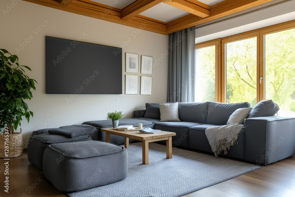 Cozy living room with modern furniture and large windows letting in natural light Cozy living room with modern furniture and large windows letting in natural light