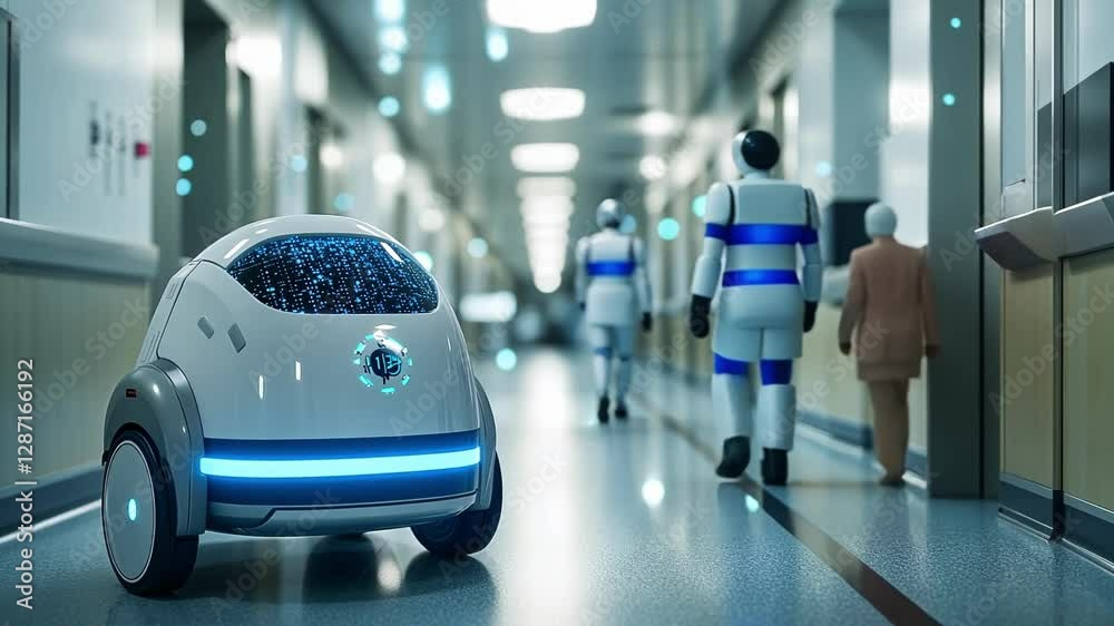Sleek, futuristic robot moves through a brightly lit hospital corridor. Its design is modern, with glowing blue accents, symbolizing innovation in healthcare technology Sleek, futuristic robot moves through a brightly lit hospital corridor. Its design is modern, with glowing blue accents, symbolizing innovation in healthcare technology