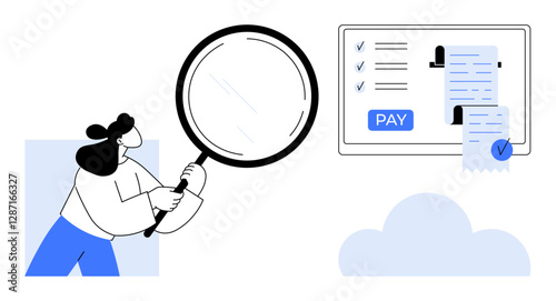 Woman with magnifying glass reviewing payment details displayed on a digital screen with a receipt and pay button. Ideal for online transactions, finance, e-commerce, digital analysis, financial