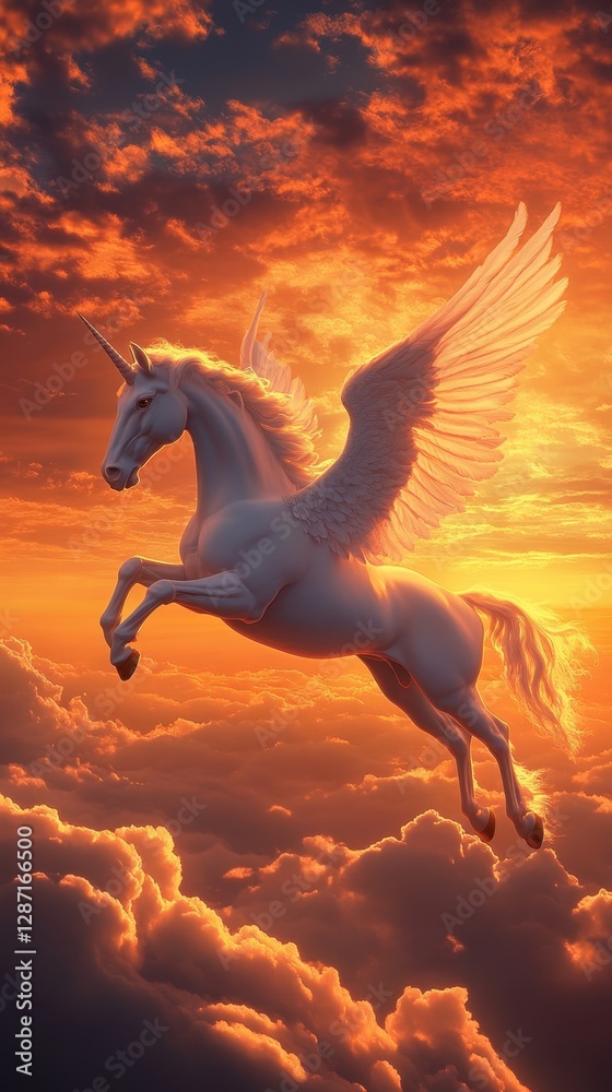 Fototapeta premium Flying pegasus unicorn at sunset sky 