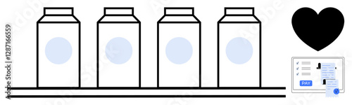 Milk cartons lined up on a shelf, a black heart symbol, and an online payment interface. Ideal for e-commerce, consumer goods, online shopping, digital transaction, food industry, digital marketing