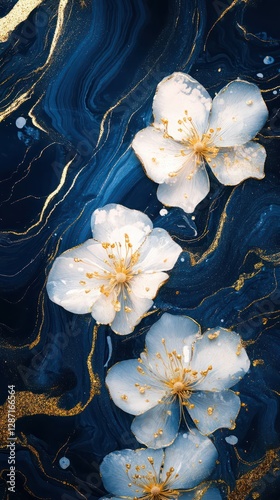 Abstract deep-blue and radiant gold liquid marble background, with vibrant white, luxurious flowers