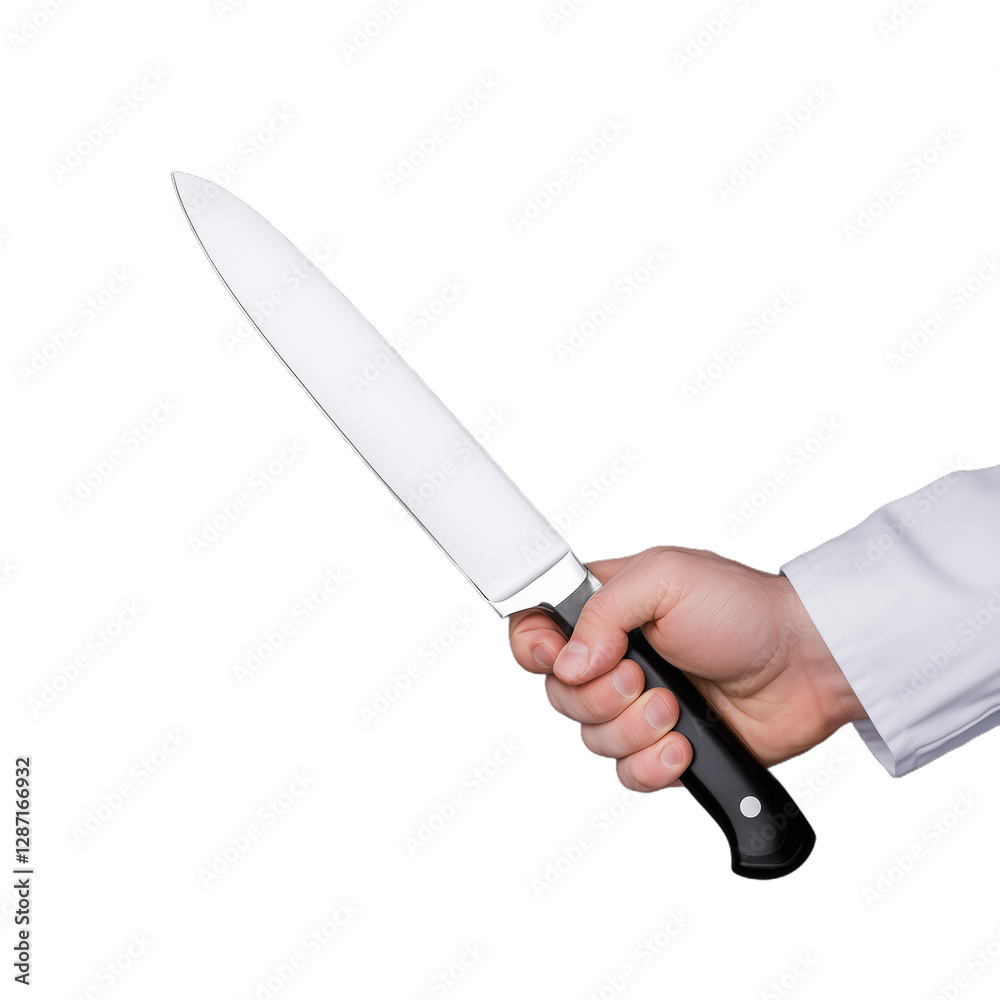 Close-up of a hand gripping a sharp kitchen knife with a black handle on a transparent background, symbolizing culinary precision and control Close-up of a hand gripping a sharp kitchen knife with a black handle on a transparent background, symbolizing culinary precision and control
