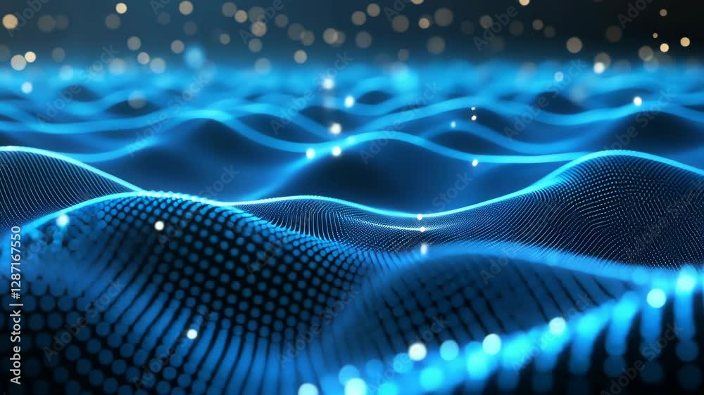 Dynamic blue waves with glowing particles create a mesmerizing visual effect in a digital backdrop Dynamic blue waves with glowing particles create a mesmerizing visual effect in a digital backdrop